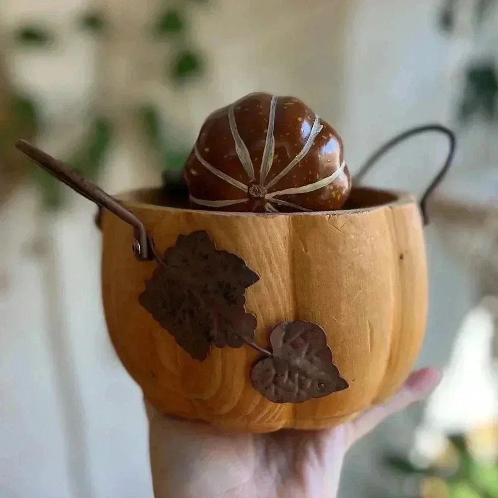 Pier 1 Rustic Wooden Pumpkin Bowl with Metal Leaf Accents – 5” x 5” - Picture 2 of 5